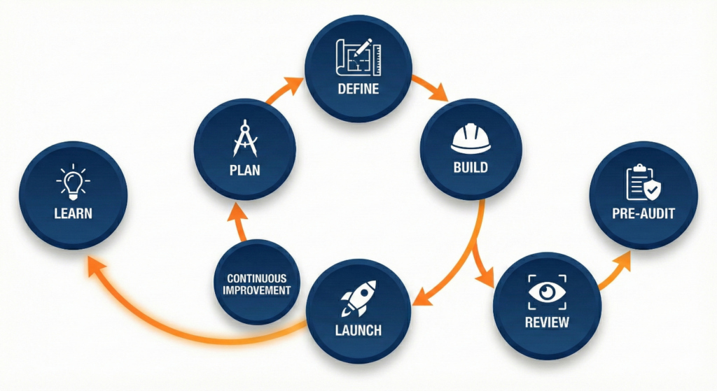 Be Safe seven-stage methodology: Learn, Plan, Define, Build, Launch, Review, Pre-audit, with continuous improvement